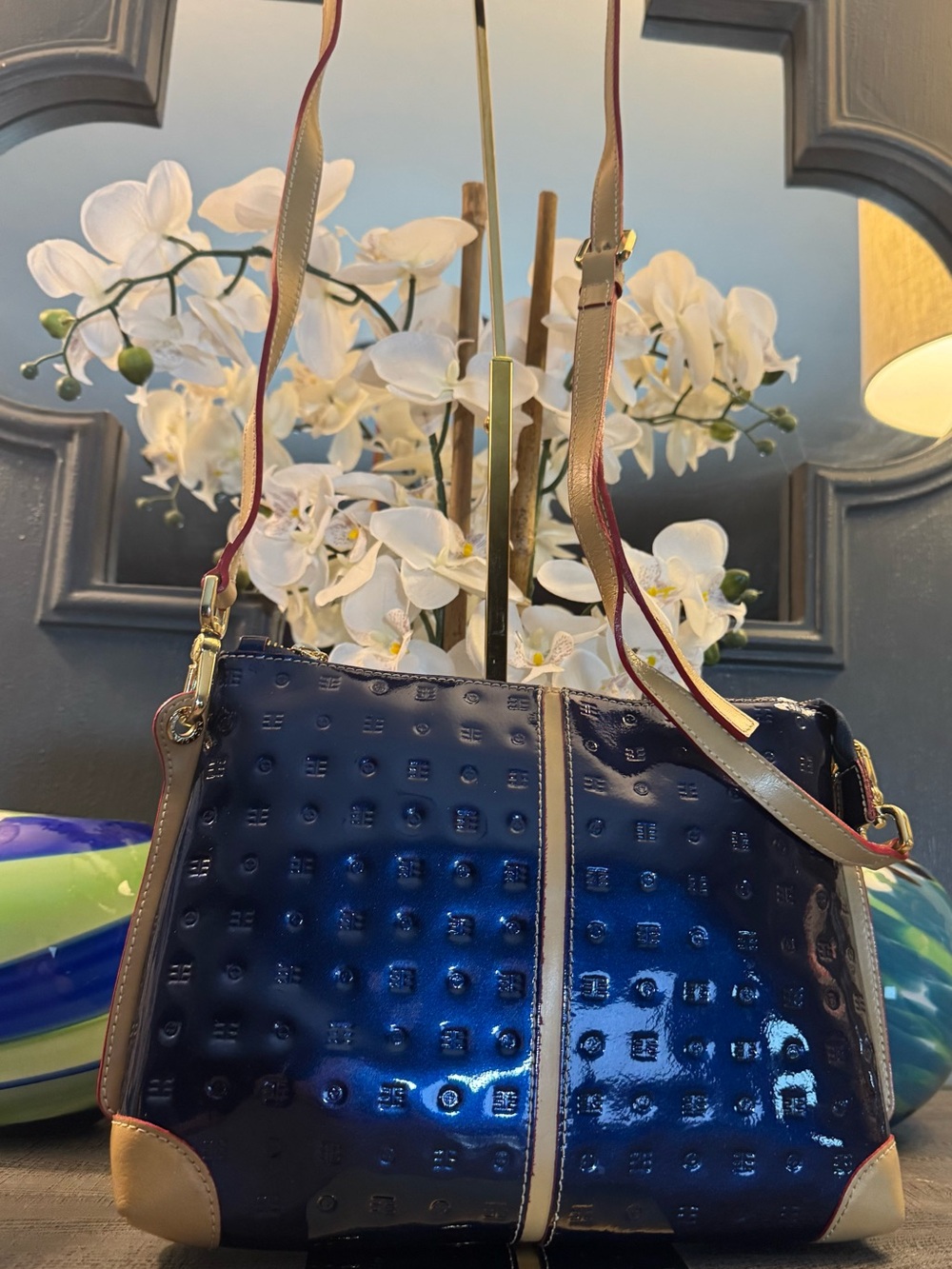 Acadia Authentic Patent Leather Crossbody Bag in Deep Navy Blue